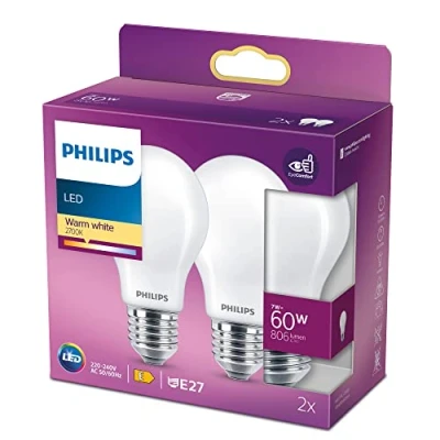 Bild av Philips Classic LED ljuskälla, 60W, E27, A60, Frostat glas, varmvitt ljus, 2700 kelvin, 15 000 timmar, Ej dimbar, 2 pack