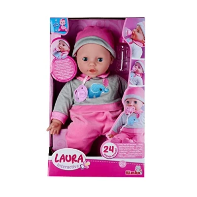 Bild av Simba 105140066 Laura Interactiv, mjuk kroppsdocka med sovögon, brabbelt när du rör dig, dricker från flaska och somnar, 40 cm, babydocka 2 år