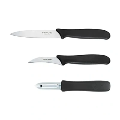 Bild av Fiskars skalningsset, 3 delar, skalkniv (11 cm blad), grönsakskniv (7 skalare Essential, rostfritt stål / PP plast, svart, 1065600