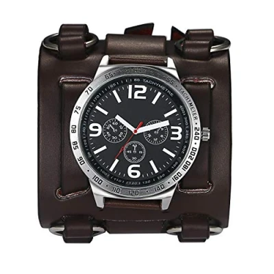 Bild av Avaner herr retro steampunk hiphop gotisk brun 74 mm bred läder manschett armband sportklocka kvinnor stor urtavla analog kvarts armbandsur, Brunt 2, Kvartsurverk