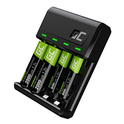 Bild av Green Cell VitalCharger laddare 2 x AA 000 mAh AAA 800 för NI MH R6 R03 Mignonbatteri. Med Micro USB C. 4 kanals laddningssystem laddar från 1 till eller AAA, LED signalering