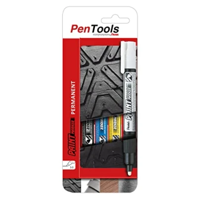 Bild av PenTools by Pentel MMP20 Permanent markör, lackbläck för hållbara och nötningsbeständiga markeringar, rund spets (3,0 mm linje), 4 stycken färgsorterade