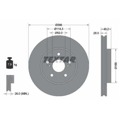 Bild av TEXTAR 92135800 Disque de frein 296 28 05/07 114,3 ventilé l&#039;intérieur sans boulon fix roue, moyeu roue TOYOTA: Previa / Estima II