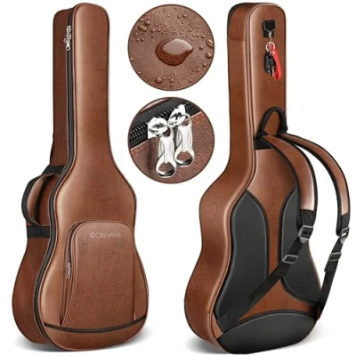 Bild av CAHAYA gitarr väska akustisk Gig Bag brun vattentät PU gitarrfodral med andningsbar 15 mm tjock stoppning gitarrväska dubbel dragkedja för 101 cm gitarr, BRUN,