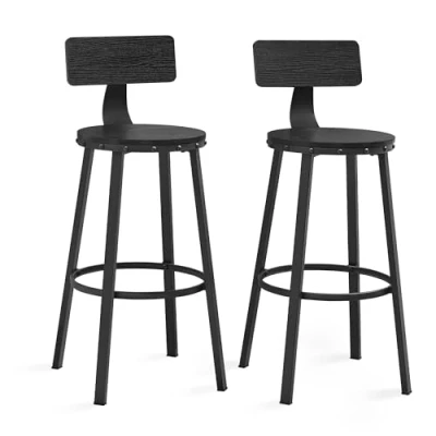Bild av VASAGLE industriell barstol, set om 2, köksbarstolar med ryggstöd, stålram, 73 cm hög sits, enkel montering, stil, träsvart, LBC026B56V1