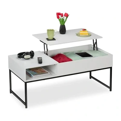 Bild av Relaxdays Soffbord med lyftbordsskiva, HLP: 45 x 110 50 cm, trä och metalleffekt, bord, vardagsrum, vit