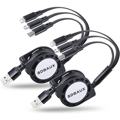 Bild av SDBAUX Multi USB Kabel [3A/1M/2Styck], 3 i 1 Infällbar Universell Laddningskabel med iP Micro Typ C, för Samsung Galaxy S20 S10 S9 S8, Huawei P30, LG, Moto, Huawei, PS4, Kindle, Tablet
