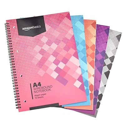 Bild av Amazon Basics Spiralblock, anteckningsblock, diverse färger, 70 ark/140 sidor, A4, 90 GSM, 5 pack