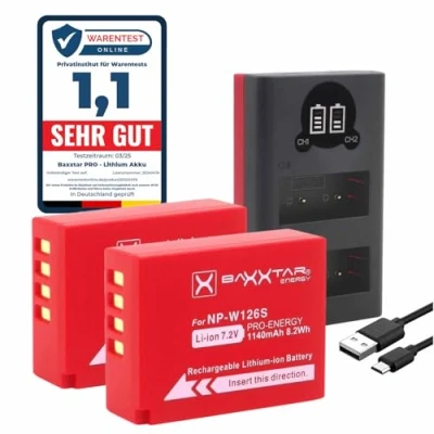 Bild av Baxxtar Pro NP W126s W126 Batteri 2x Mini 1855 LCD DUAL laddare (ingång USB C och MicroUSB) Fuji X100VI X T20 T30 II T50 etc.