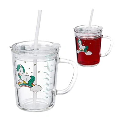 Bild av Relaxdays Barnglas uppsättning med 2, regnbågshäst, dricksglas barn, handtag, lock och sugrör, 400 ml skala, transparent, 12 x 12,5 9,5 cm