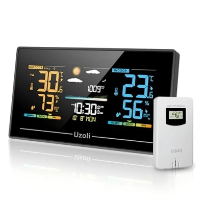 Bild av Uzoli EM3405 väderstation, Trådlös, med utomhussensor, färgdisplay, termometer och hygrometer, för inomhus utomhus, väderprognos, lufttryck, komfortnivå, mögelrisk, väckarklocka, radioväderstation
