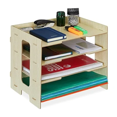 Bild av Relaxdays Brevfack, kontorsförvaring MDF, A4 papper, 3 fack, lätt dokumentfack HBT 27 x 32,5 25 cm, natur