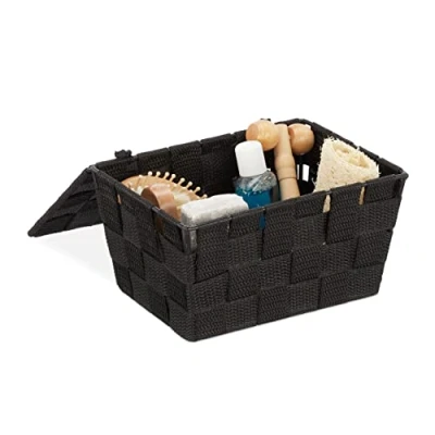 Bild av Relaxdays Förvaringskorg med lock, flätat utseende, badrum Organizer H x B D: 10,5 19,5 14,5 cm, plast, svart