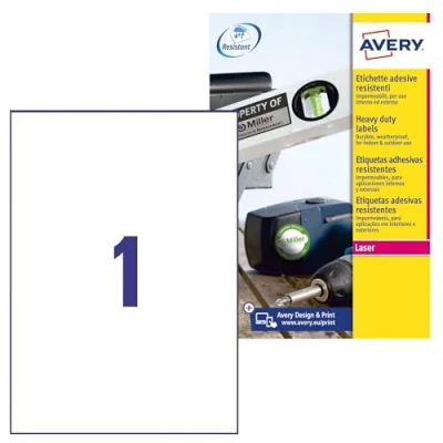 Bild av AVERY Zweckform L4775 8 Väderbeständiga folieetiketter (210 x 297 mm till DIN A4, extremt starkt självhäftande, vattentät, utskrivbar utomhus självhäftande folie) klistermärken på ark vita