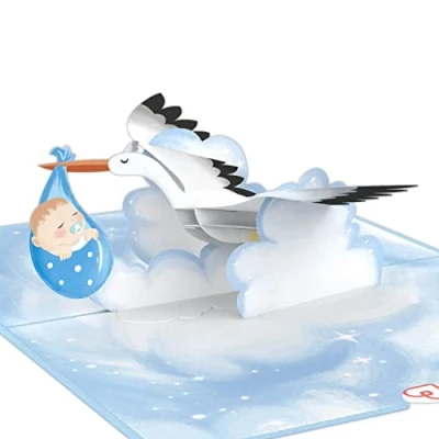 Bild av Papercrush® popup kort baby födelse pojke 3D födelsekort eller pengagåva, gratulationer till bebisen, gratulationskort en pojks handgjorda presentkort, babykort med stork