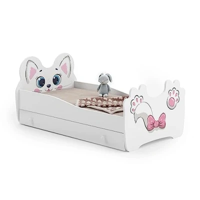 Bild av KOBI Barnsäng vit katt med förvaring av låda 160 x 80 cm liten flicksäng barnsängar madrass och ram babyrummet enkelsäng barriär