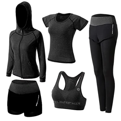Bild av ZETIY Träningsoverall för damer, yogadräkt i 5 delar, sportdräkt, joggingdräkt, gym och fitness, kläder, löpkläder, sport yoga, damoutfit, behå leggings set, svart, M
