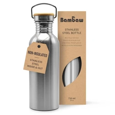 Bild av Bambaw Vattenflaska i rostfritt stål med enkel vägg, 750 ml vattenflaska, stålvattenflaska, sportvattenflaska, gymflaska, metallvattenflaska, unisex metallvattenflaskor