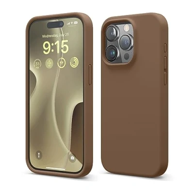 Bild av elago Kompatibel med iPhone 15 Pro Fodral, Flytande Silikon Heltäckande Skydds Stötsäkert, Smalt telefon Reptåligt Mjukt Mikrofiberfoder 6,1 tum (brun)