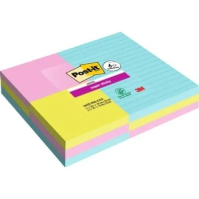 Bild av Post it Superklibbiga stora anteckningar kosmisk färgsamling, värdepaket med 3 dynor + 6 standarddynor GRATIS, 90 ark per dyna, blandade storlekar och färger extra klisterlappar för