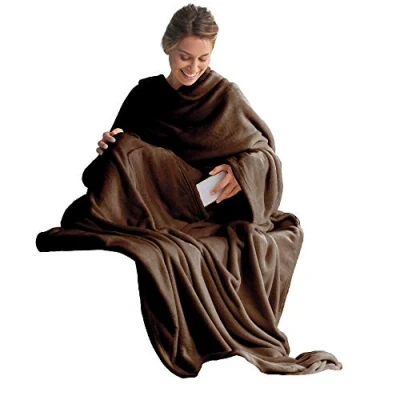 Bild av CelinaTex TV filt med ärmar och fotficka, fluffig gosig filt, XL, 170 x 200 cm, mörkbrun, mikrofiber, fleece, mjuk, OEKO TEX