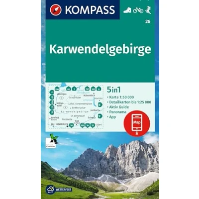 Bild av KOMPASS Wanderkarte 26 Karwendelgebirge 1:50.000: 5in1 mit Aktiv Guide, 1:25000 Karten und Panorama, inklusive Karte zur offline Verwendung in der App. Fahrradfahren. Skitouren.