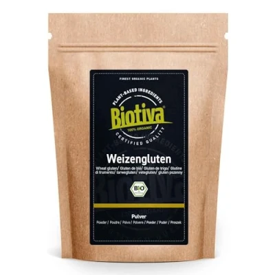 Bild av Biotiva Vetegluten Bio 2 kg (2 x 1 kg) vetegroutpulver förvaringsförpackning proteininnehåll för bakning av bröd och bakverk fylld kontrollerad i Tyskland (DE Öko Tex 005)