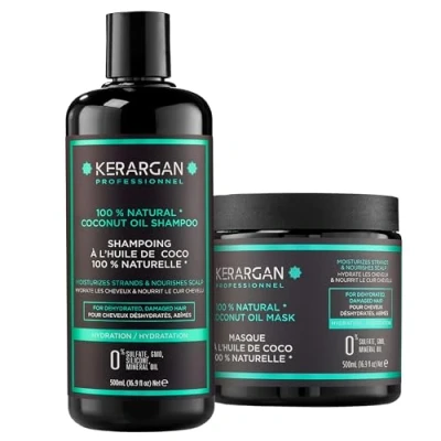 Bild av Kerargan Shampoing et Masque à l’Huile de Coco d’Argan pour Nourrir Hydrater Cheveux Secs Sans Sulfate, Paraben, Silicone 2x500 ml