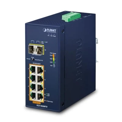 Bild av PLANET IGS 1020PTF Industrial 8 Port 10/100/1000T 802.3at PoE + 2 100/1000X SFP Ethernet