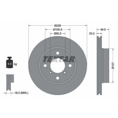 Bild av TEXTAR 92093200 Disque de frein 235 20 04/07 100 ventilé l&#039;intérieur sans boulon fix roue, moyeu roue SUZUKI: Baleno I 3/5 portes