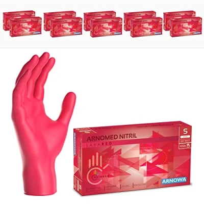 Bild av ARNOMED engångshandskar röda, nitrilhandskar S, med 2000 st, puderfria, latexfria gummihandskar, finns i XS, M, L &amp; XL