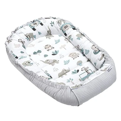 Bild av Medi Partners Babybo, gosigt bo bebisbo, 100% bomull, vaffle, näste, resesäng för spädbarn, 100 x 60 15 cm, säker stängning (storlek Mint Zoo med grå våffel)