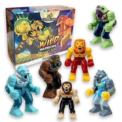 Bild av Sbabam, FUNNY BOX Wild Warriors Beast Fury, barnspel tidningskiosk, djur leksak för barn 4 st, krigare robot babygåva, utbytbara med spelkort