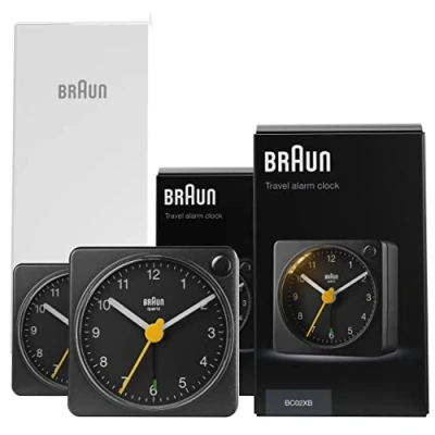 Bild av Braun klassisk analog väckarklocka med snooze och ljus, tyst kvartsrörelse, Crescendo piplarm i svart, modell BC12B (2 Pack).