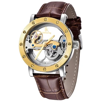 Bild av Alienwork IK Automatisk Klocka Herr Dam Silver Läder Armband Brun Skelett Glasbotten