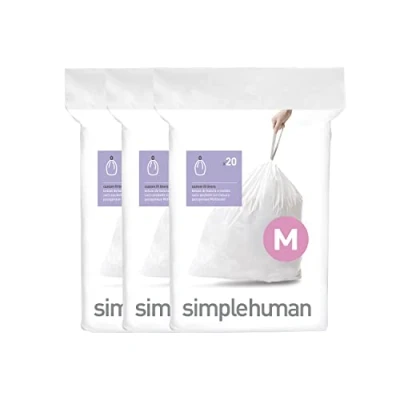 Bild av simplehuman CW0261 kod M Anpassad passform Bin Liner Bulk Pack, Vit Plast (3 Pack med 20, Totalt 60 Liners)