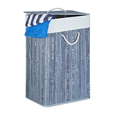 Bild av Relaxdays Bambu tvättkorg, med lock, rektangulär, XL, 83 L, vikbar HBT: 65,5 x 43,5 33,5 cm, grå