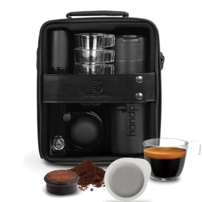 Bild av handpresso pumpset Bärbar espressomaskin med resväska, 4 koppar och termoflaska. Kaffekokare för utomhusbruk svart. kaffemaskin ESE kaffekapslar malet kaffe.