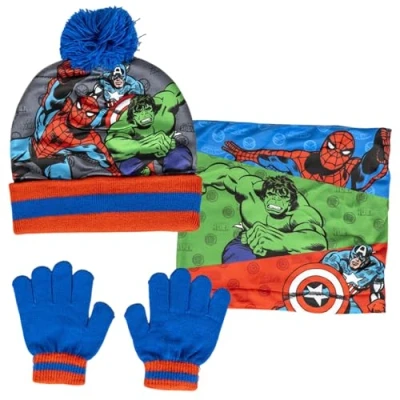 Bild av Marvel Pojkar Avengers tofsmössa + halsduk handskar set vinter 3 delar barn gåva, Röd/blå, 2 8 År
