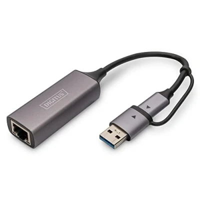 Bild av DIGITUS USB Type C Gigabit Ethernet nätverksadapter 2,5 Gibt/s 3.1 inkl. A adapter Full Duplex Auto MDI X RJ45 kontakt Grå