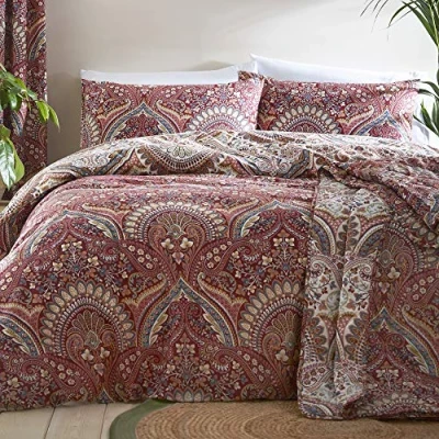 Bild av Drömmar och draperier rödbrun jacobisk påslakan dubbel sängstorlek (200 x 200 cm) vändbara mönster 2 örngott marockansk bohemisk sängkläder i rött exotiskt persiskt