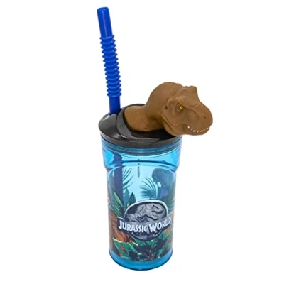 Bild av p:os Jurassic World dryckesbägare för barn med integrerat sugrör, lock och 3D figur, drickkärl ca 360 ml kapacitet, perfekt kalla drycker