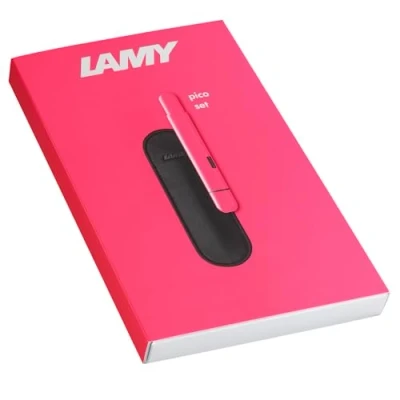 Bild av Lamy pico neon rosa kulspetspenna presentset innovativ Pocket Pen Kuli 1 klick för full storlek metallhölje och linjebredd M inkl. äkta läderfodral kompakt mine 22 i svart