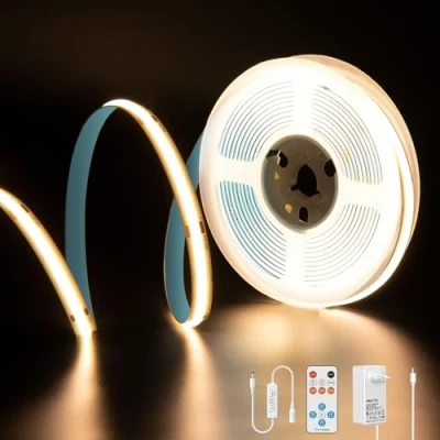 Bild av PAUTIX COB LED remsa Varmvit 3000K, 5M 2400LEDs 24V CRI93+ Dimbar Bright Light Strip Kit med 13Keys RF Dimmer och strömförsörjning lampor för sovrumskök Hem DIY projekt