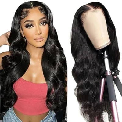 Bild av Tuheerst Body Wave Human Hair peruk äkta hår damer naturlig svart 4 x spets brasilianskt Glueless Wear and Go 100 % obearbetat brasiliansk virgin No Smell for Woman 60 cm