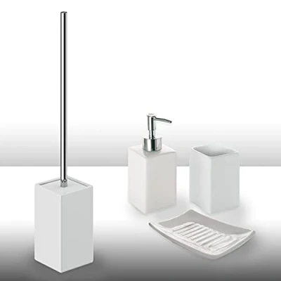 Bild av Gedy Queenstown 4 stycken, 1 solid hållare, toalettborste, tvåldispenser, x tandborsthållare, miljövänlig keramisk uppsättning, vit finish, R &amp; S design, 2 års garanti, unik