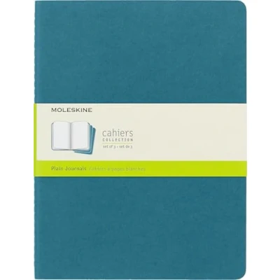 Bild av Moleskine Cahier Journal, set med 3 anteckningsböcker vanliga sidor, kartongskydd synlig bomullssömnad, färg Briskblå, extra stor 19 x 25 cm, 120 sidor