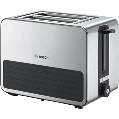 Bild av Bosch Compact toaster Grå Brödrost 1050 W Rostfritt stål 2 galler Silikonhölje Platsbesparande design Avfrostningsfunktion Jämn rostning Automatisk avstängning TAT7S25