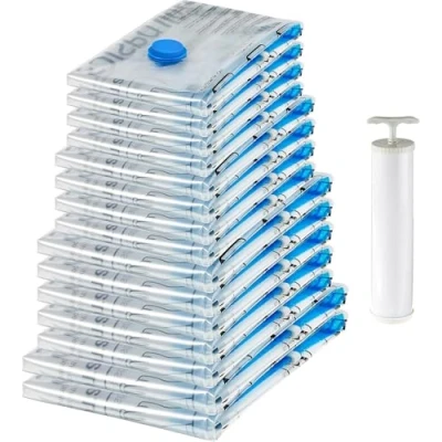 Bild av Amazon Basics Förvaringspåsar med vakuum, kompression och dragkedjor, lufttät ventil handpump, 15 pack, 2x X jumbo, 5x 4x (L, M), flera, klara