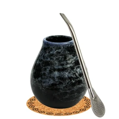 Bild av Gaucho Yerba Mate te kalebass set●Mate temugg Marmol Blue 350 ml ● Keramisk kopp Rostfritt stål sugrör Bombilla 19 cm dryckesbehållare med sugrör● Korkdyna
